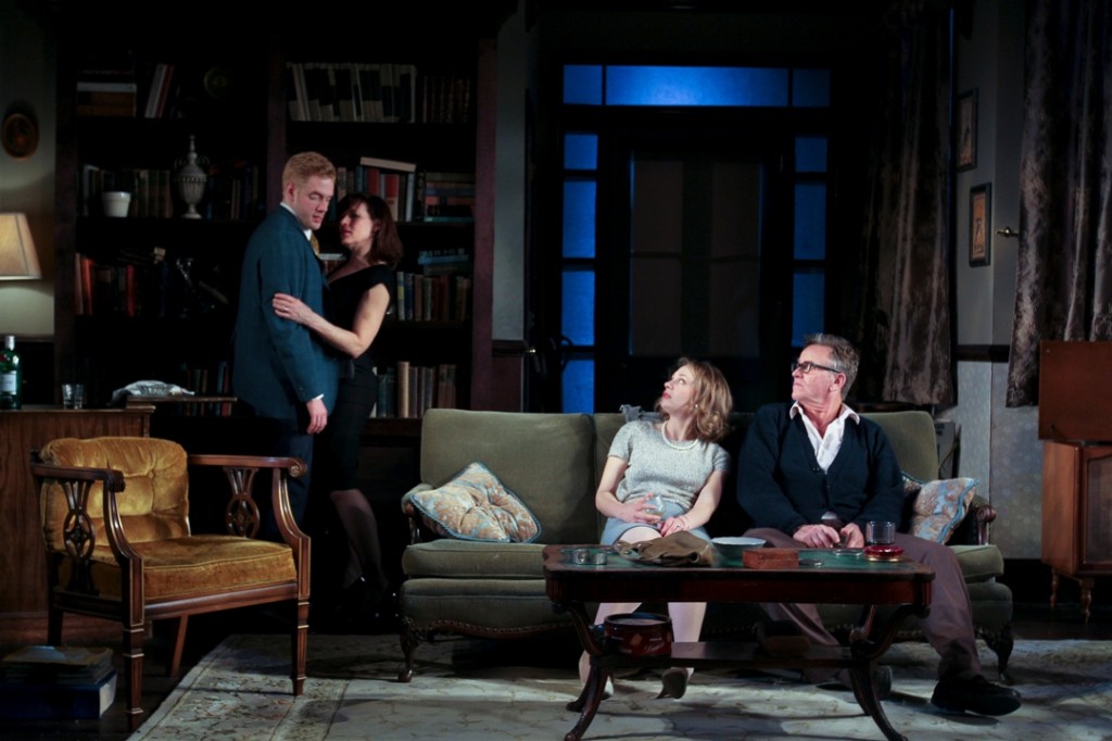 The ensemble (left to right: Jake Blouch, Catharine Slusar, Emilie Krause, and Pearce Bunting) of Theatre Exile’s WHO’S AFRAID OF VIRGINIA WOOLF (Photo credit: Paola Nogueras)