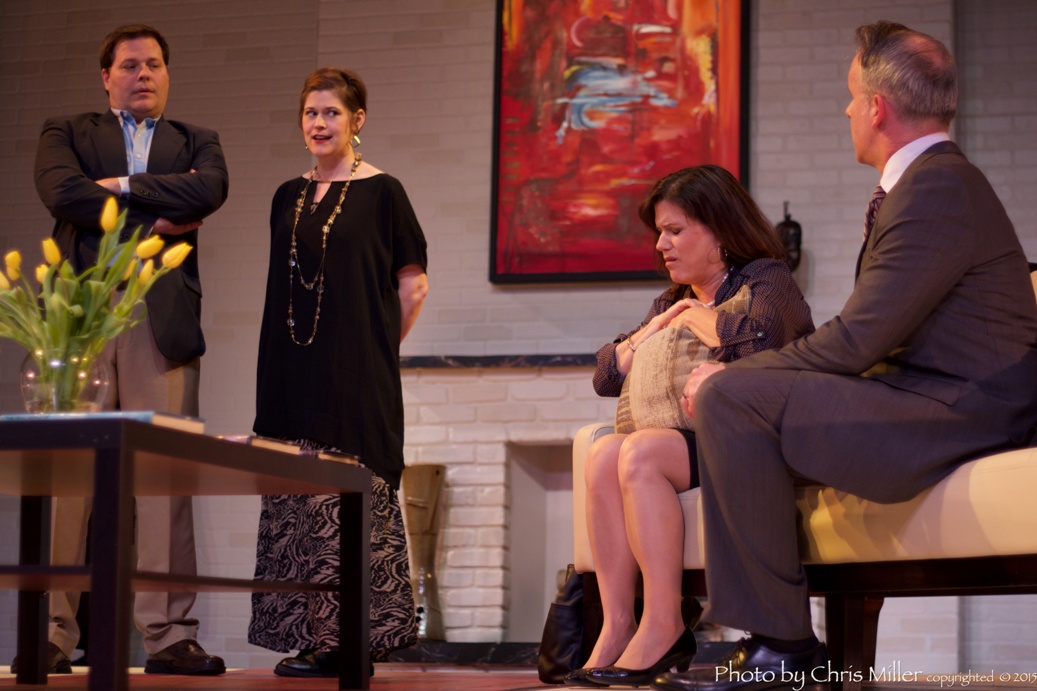 John Jackowski, Jessica Doheny, Maureen Corson, and Paul McElwee star in Ritz Theatre Company’s GOD OF CARNAGE (Photo credit: Chris Miller)