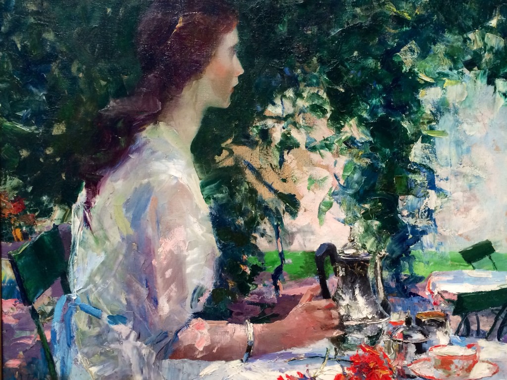 An excellent example of traditional impressionism in Tea Time Abroad by Annie Traquair Lang