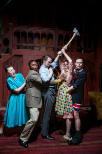 Kyra Baker, Newton Buchanan, Andrew J. Carroll, Aetna Gallagher, and Doug Greene in NOISES OFF. Photo by Kyle Cassidy.