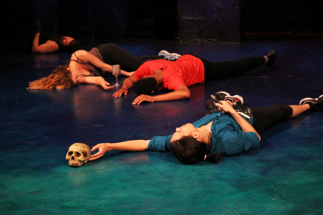 The ensemble (top left to bottom right: William LeDent, Julia Jensen Ray, Deaon Griffin-Pressley, and Steve Wei) of The Philadelphia Shakespeare Theatre’s KILL WILL (Photo credit: Courtesy of The Philadelphia Shakespeare Theatre)