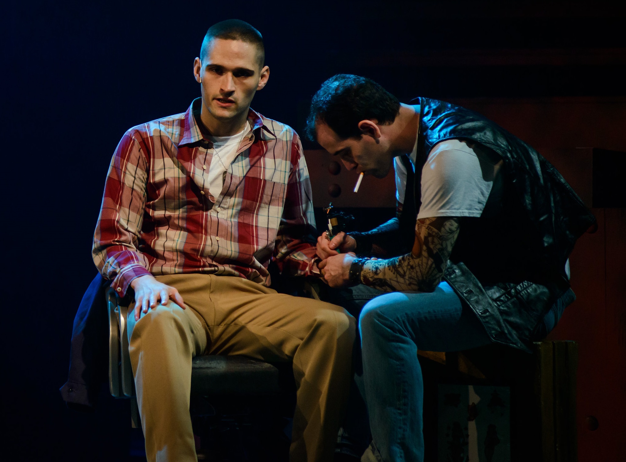 Kyle Segarra as Bernstein, JP Dunphy as rough Tattoo Artist in DOGFIGHT. Photo by Maura McConnell.