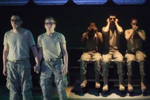 Johnny Smith, Campbell O'Hare (foreground), David Glover, David Pica, and Trevor Fayle (background) in Inis Nua’s THE RADICALISATION OF BRADLEY MANNING (Photo credit: Katie Reing)
