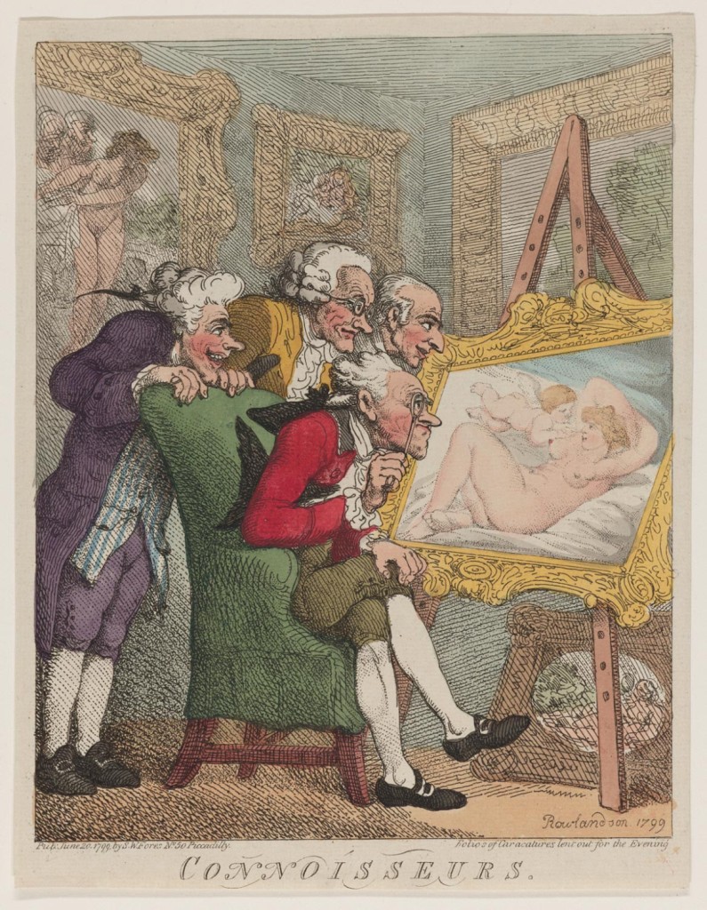 Connoisseurs, 1799, by Thomas Rowlandson. Hand-colored etching, published by S.W. Fores, No. 50 Piccadilly, Corner of Sackeville Street, London, England. Given to the Philadelphia Museum of Art by Carl Zigrosser, 1974.