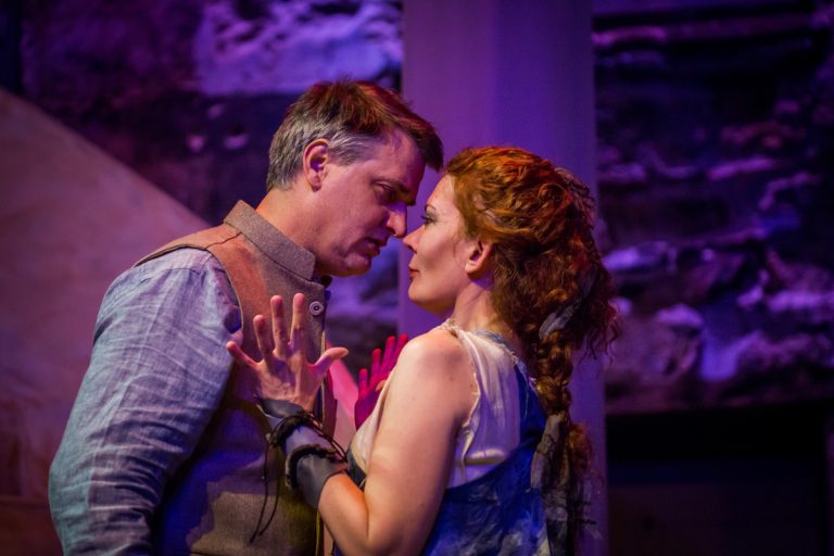 Jared Reed as Jason and Jennifer Summerfield as Medea in Hedgerow Theatre's production of Medea. Photo by Ashley Smith of Wide Eyed Studios