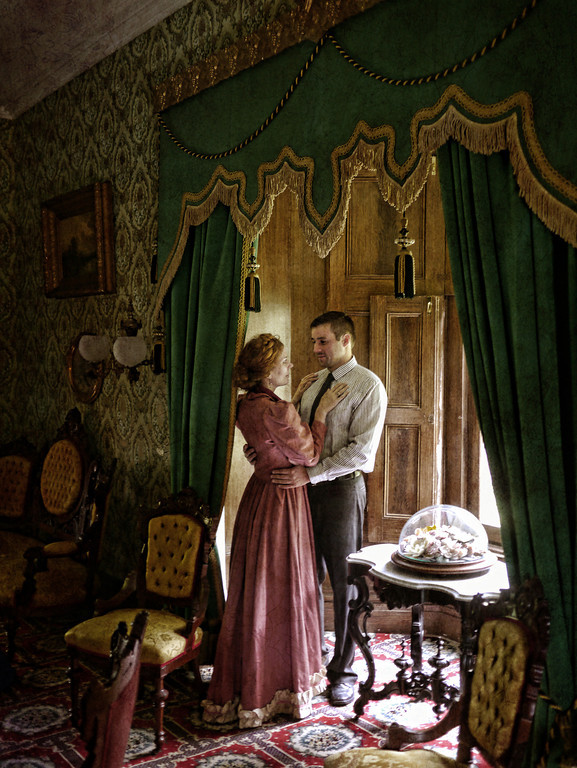 Jennifer Summerfield and Peter Zielinski as Nora and Torvald in the site-specific Victorian setting of Ebenezer Maxwell Mansion's A DOLL'S HOUSE. Photo by Kyle Cassidy.