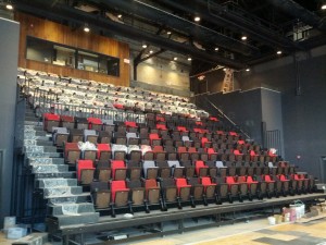 Seat installation in the new FringeArts theater at 140 N. Columbus Boulevard (Photo credit: Courtesy of FringeArts)