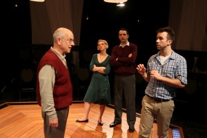 Benjamin Lovell, Mary Tuomanen, John Jarboe, and Wes Haskell in Theatre Exile’s COCK (Photo caption: Paola Nogueras)