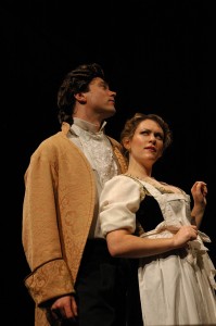 Josh Carpenter (as Marlow), Sonja Field (as Kate Hardcastle) in SHE STOOPS TO CONQUER. Photo by Alexander Burns.