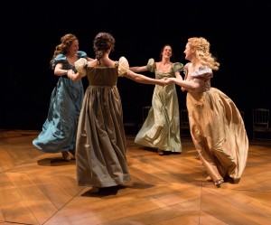 (clockwise from left) Julianna Zinkel, Clare Mahoney, Jessica Bedford, and Becky Baumwoll in PRIDE & PREJUDICE at People’s Light & Theatre Company (Photo credit: Mark Garvin)