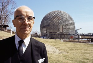 Buckminster Fuller before his geode dome at Montreal's World Fair.