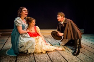 Jennifer Summerfield as Elinor Dashwood, Nell Bang-Jensen as Marianne Dashwood and Brock Vickers as Willoughby in Hedgerow Theatre's SENSE & SENSIBILITY.