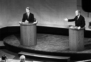 Gerald Ford and Jimmy Carter in the 1976 presidential debate at the Walnut Street Theatre.