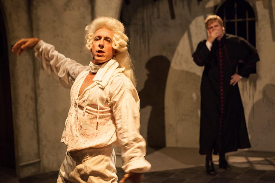 Robb Hutter as the Marquis de Sade and Alan Holmes as his priest in Luna Theater Company's production of QUILLS by Doug Wright. Photo by Kate Raines at www.plate3photography.com.