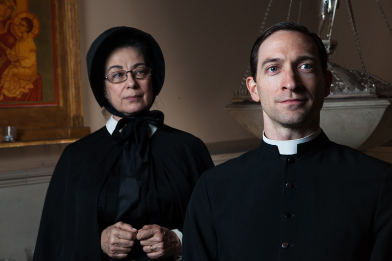 Mary Martello as Sister Aloysius Beauvier and Ben Dibble as Father Brendan Flynn in Lantern Theater Company’s production of DOUBT: A PARABLE. Photo by Plate 3 Photography. 