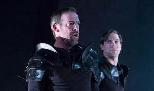 Ian Merrill Peakes as Macbeth with Ben Dibble as Banquo. Photo by Mark Garvin.