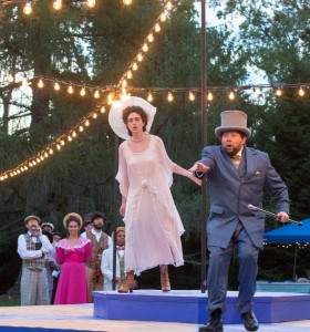 Felicia Leicht (Kate) and Michael Gamache (her father Baptista) in Delaware Shakespeare Festival’s THE TAMING OF THE SHREW (Photo credit: Alessandra Nicole)