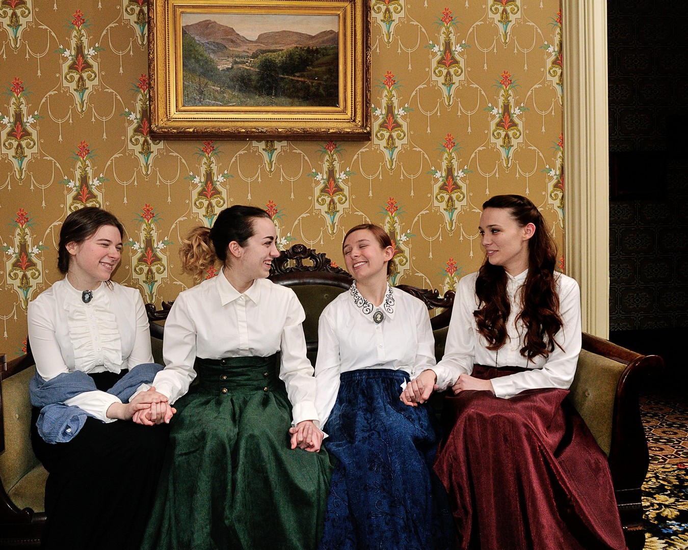 Megan Edelman, Christina Higgins, Molly Edelman, and Allison Kessler in Victorian Theatre’s LITTLE WOMEN at the Ebenezer Maxwell Mansion (Photo credit: Rowland Hetrick).