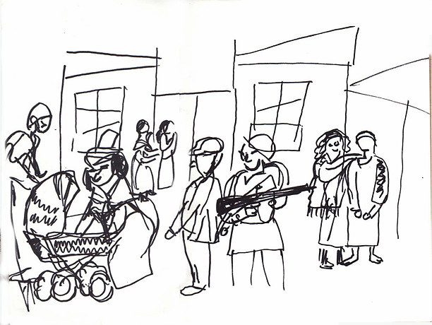 A scene from THE PLOUGH AND THE STARS  sketched by Chuck Schultz.