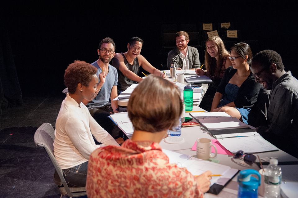 Rehearsal for WHITE by James Ijames, PlayPenn 2015. Patrick Ross sits rear, center. Photo by John Flak.