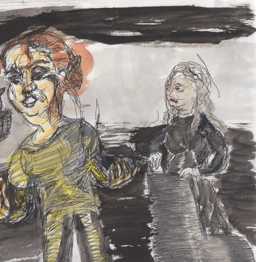 Lenta (Aneta Kerova) and the Old Woman (Azetz Papadopoulou). Sketch by Chuck Schultz.