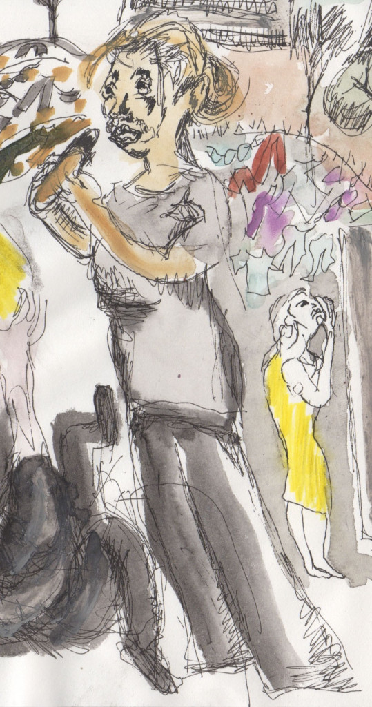 The existential moment of the play:  Lenka eating a hot dog in Central Park. Sketch by Chuck Schultz.