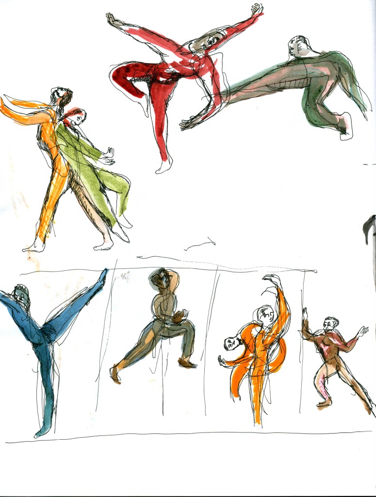  Later in the performance the dancers are separated, and leap through the walls of what seems to be four rooms. The dancers in their own space move and reshape the space around them. Sketch by Chuck Schultz.