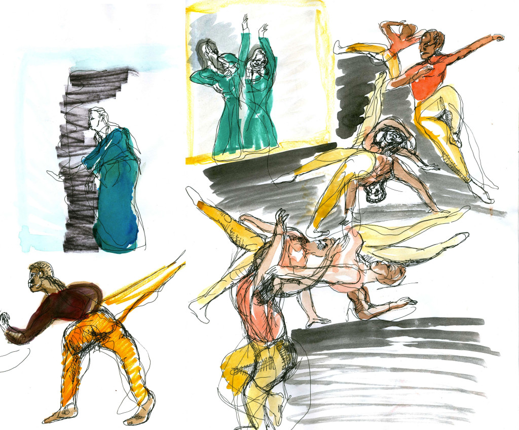 The opening solo with Briggita Herman in the background under florescent light demarcated the different performance styles. Sketch by Chuck Schultz.