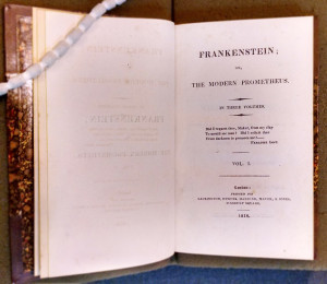 Mary Shelley, Frankenstein Vol. 1. London: Printed for Lackington, Hughes, Harding, Mavor, & Jones, Finsbury Square, 1818. On display at the Rosenbach.