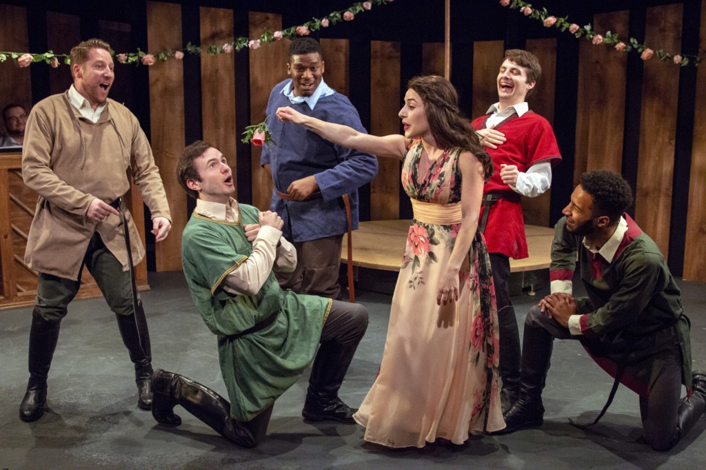 Joey Abramowicz, Patrick Romano, Rajeer Alford, Eileen Cella, Luke Bradt, and Jordan Dobson sing "The Lusty Month of May" in Camelot, on stage at Act II Playhouse until June 24. Photo by Bill D'Agostino.