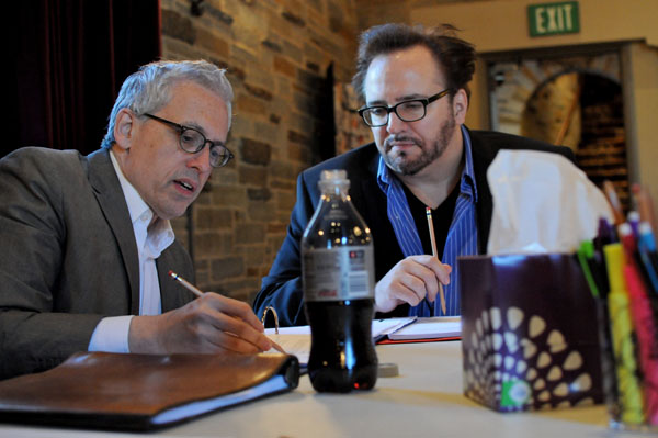 Donald Margulies discussing his script with Bart DeLorenzo. Photo courtesy This Stage Magazine