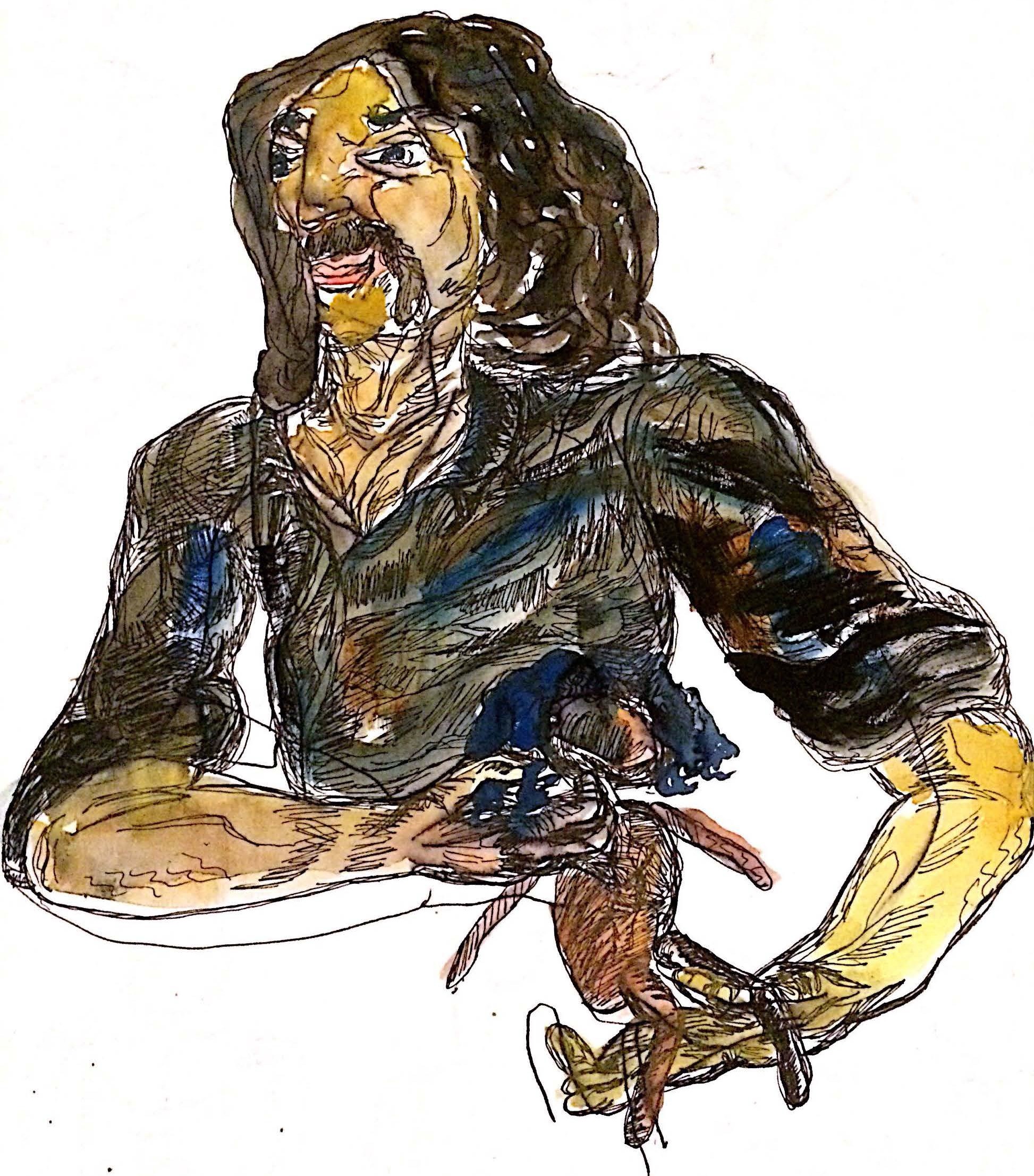 Aiello and a puppet. Sketch by Chuck Schultz.